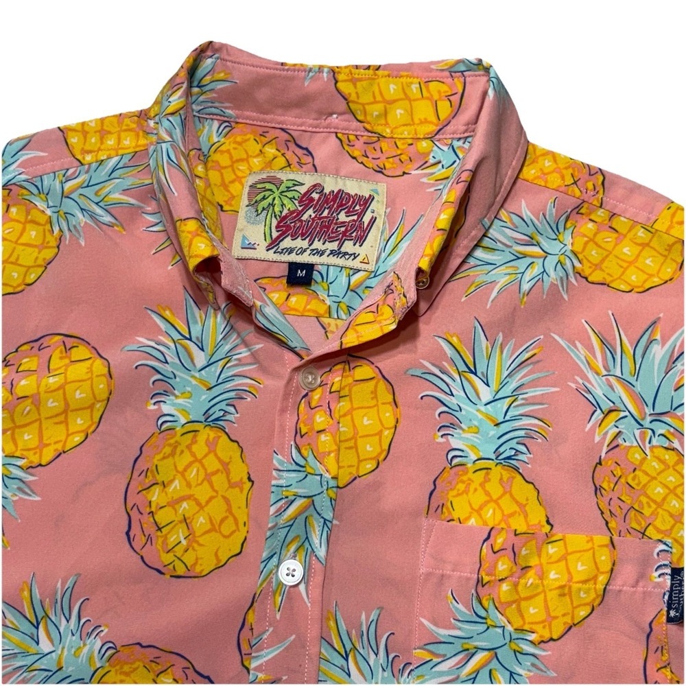 Simply Southern Button‎ Shirt Mens M Pink Pineapple Life of The Party Polyester